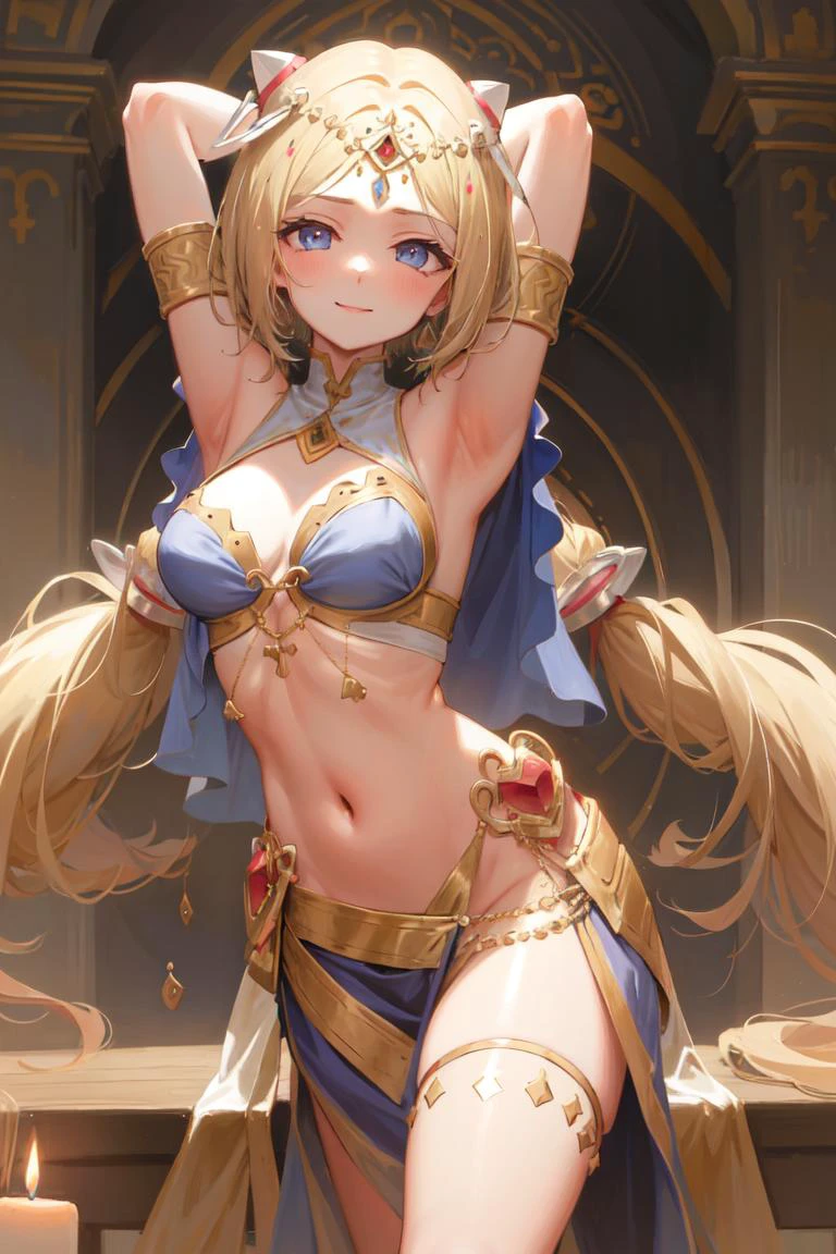 masterpiece, best quality, expressive eyes, perfect face, aki rosenthal, detached hair, long hair, low twintails, headgear, arabian clothes, bracelet, breasts, candle, circlet, cup, jewelry, navel, pelvic curtain, ring, sitting, smile, solo, arched back, dancer, arms up, standing