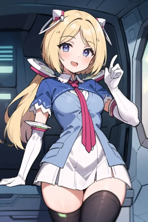 2d, masterpiece, best quality, anime, highly detailed face, highly detailed eyes, highly detailed background, perfect lighting, cowboy shot, 1girl, solo, aki rosenthal, collared dress, short dress, short sleeves, blue jacket, black thighhighs, detached hair, long hair, low twintails, bob cut, necktie, headgear, white gloves, elbow gloves, wide hips, happy, standing, spacecraft interior <lora:akirose-26:0.9> <lora:thick line anime:0.7>
