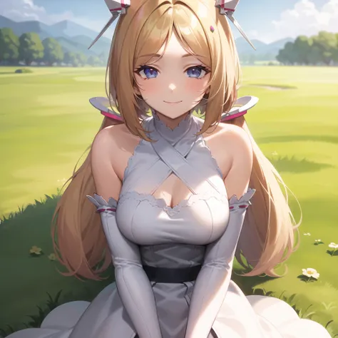 2d, masterpiece, best quality, anime, highly detailed face, highly detailed eyes, highly detailed background, perfect lighting, cowboy shot, 1girl, solo, aki rosenthal, detached hair, long hair, low twintails, headgear, white dress, white gloves, elbow gloves sitting, grass, flower field, smile <lora:akirose-26:0.9>