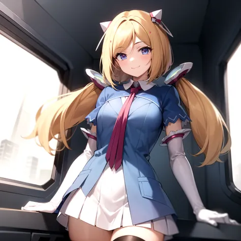 2d, masterpiece, best quality, anime, highly detailed face, highly detailed eyes, highly detailed background, perfect lighting, cowboy shot, 1girl, solo, aki rosenthal, collared dress, short dress, short sleeves, blue jacket, black thighhighs, detached hair, long hair, low twintails, bob cut, necktie, headgear, white gloves, elbow gloves, wide hips, smile, standing, spacecraft interior <lora:akirose-26:0.7>