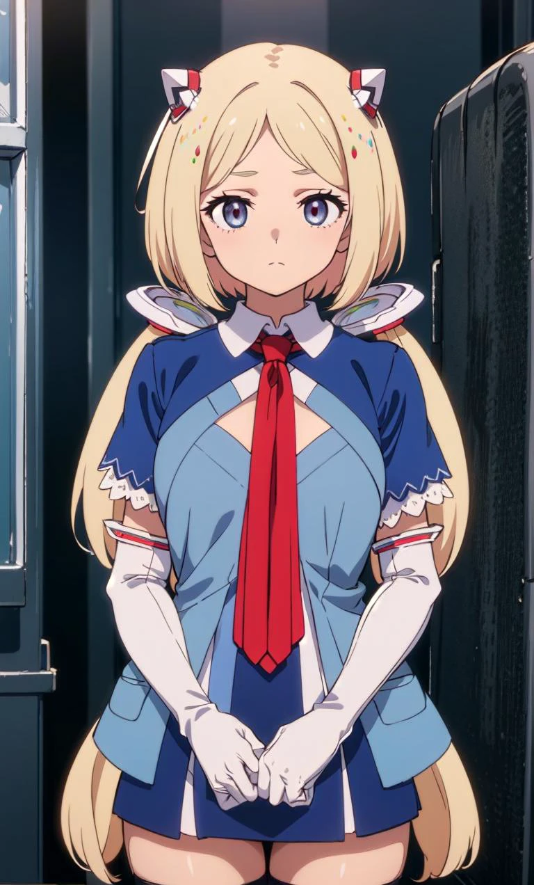 2d, masterpiece, best quality, anime, highly detailed face, highly detailed eyes, highly detailed background, perfect lighting, cowboy shot, 1girl, topless, nsfw, solo, aki rosenthal, collared dress, short dress, short sleeves, blue jacket, black thighhighs, detached hair, long hair, low twintails, bob cut, necktie, headgear, white gloves, elbow gloves, wide hips, happy, standing, spacecraft interior, <lora:Char - AkiRosenthal:0.9>