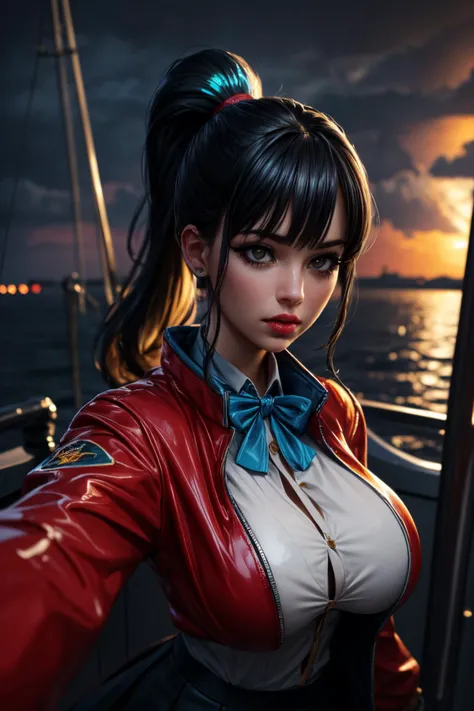 (ultra realistic,32k,RAW photo:1.1),(high detailed skin:1.1), 8k uhd, dslr, high quality, film grain, (makeup, mascara:1.1), lips,(thick\lips\),
(shiny glossy translucent clothing:1.1), <lora:yorumac_girlfriend:0.7>mcdgirlfriend,black hair, ponytail, red jacket, collared shirt, bow, skirt, <lora:add_detail:0.9>, huge breast, (upper body:1.2),
selfie pose, from above,
(busty:1.1) , (chubby:0.1),(iridescence:1.2), <lora:LowRA:0.4>, dark theme stormcaster's haven, crackling thunderstorms, seafaring vessels, refuge of storm conjurers