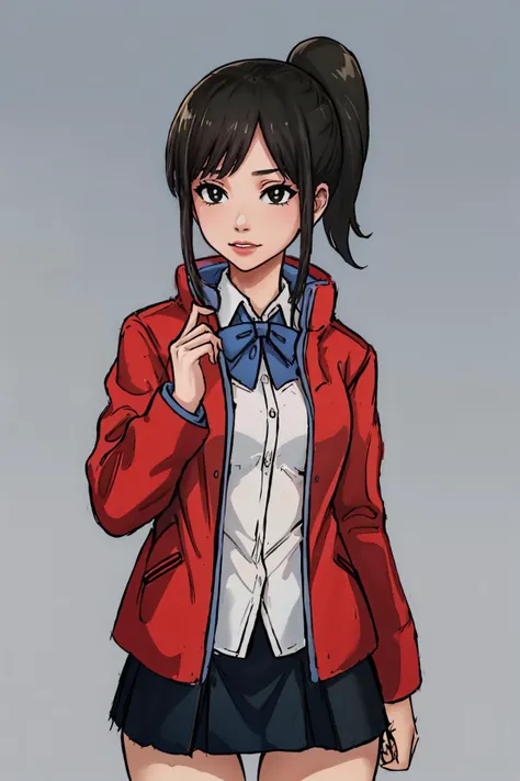 (masterpiece, best quality:1.2), 1girl, solo, looking at viewer,  <lora:dickhammersmith:0.95>, dickhammersmith,   <lora:yorumac_girlfriend:0.95> mcdgirlfriend, ponytail, red jacket, collared shirt, bow, skirt