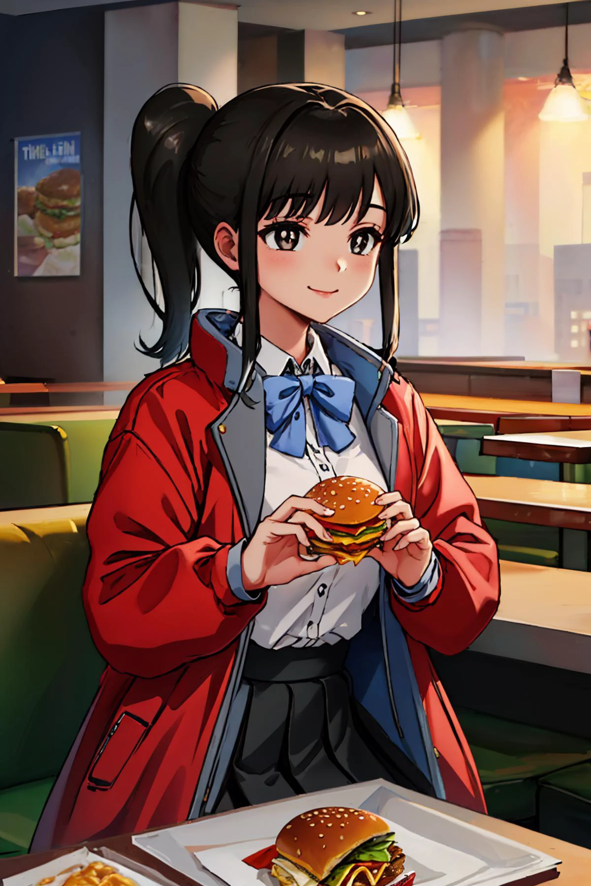 (masterpiece, best quality:1.2), solo, 1girl, mcdgirlfriend, smile, burger, ponytail, red jacket, collared shirt, bow, skirt, indoors, restaurant <lora:yorumac_girlfriend:1>