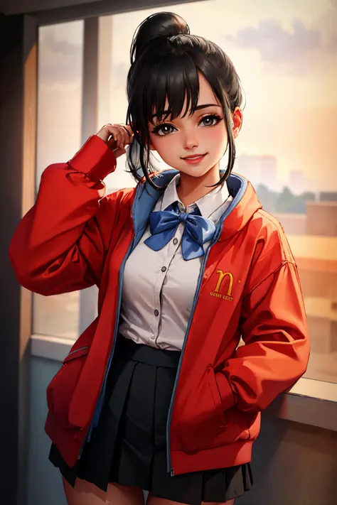 (masterpiece, best quality:1.2), cowboy shot, solo, 1girl, mcdgirlfriend, smile, looking at viewer, ponytail, red jacket, collared shirt, bow, skirt <lora:yorumac_girlfriend:1>