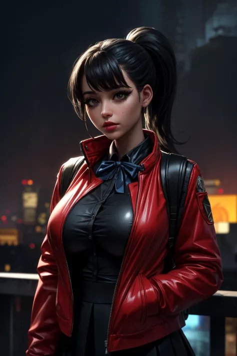 (ultra realistic,32k,RAW photo:1.1),(high detailed skin:1.1), 8k uhd, dslr, high quality, film grain, (makeup, mascara:1.1), lips,(thick\lips\), 
(shiny glossy translucent clothing:1.1), <lora:yorumac_girlfriend:0.7>mcdgirlfriend,black hair, ponytail, red jacket, collared shirt, bow, skirt, <lora:add_detail:0.78>, huge breast, (upper body:1.2),
Standing, pretending to hold a sunflower,
 (busty:1.1) ,  (chubby:0.1),(volumetric lighting:1.2), <lora:LowRA:0.4>, dark theme dystopian cityscape, decaying infrastructure, polluted skies, oppressive regime, resistance movements