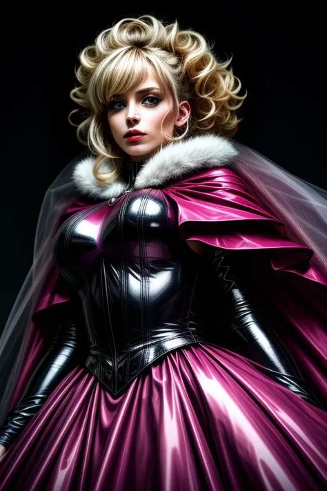 blonde evil corrupted young princess wearing dark pastel (ruffled:1) (gleaming latex:1) gown with (long latex cape:1) and latex elbow bridal gauntlets, (Perfect Face:1), soft lighting, glossy red lips, ruffles