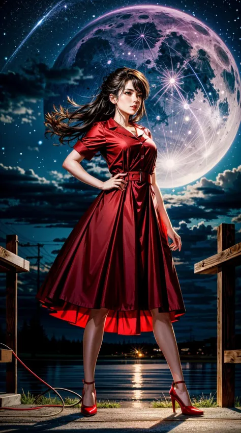 full body shot of a woman dressing in red dress, as a Electrician, in A wolf howling at the moon