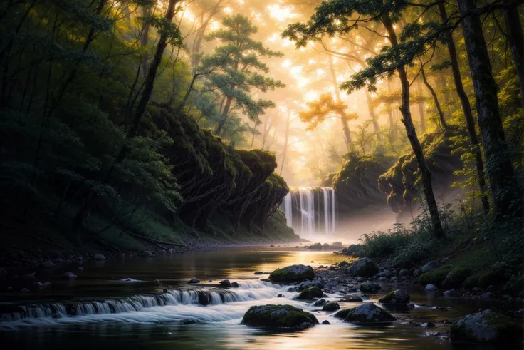 stunning view photorealistic painting containing a picturesque nature of a river in forest in a summer [imagination] in the evening sunset, foggy weather,
environmental lighting, 8k resolution, detailed, focus, (close shot)pinterestby Ted Gore