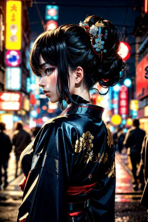 cinematic photo a beautiful cyberpunk geisha with neon lights in her hair in future Japan . 35mm photograph, film, bokeh, professional, 4k, highly detailed