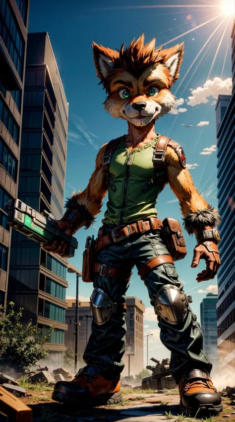 cute male green,red bear monster, as a detective, post-apocalyptic survival, morning,
(style of ratchet and clank), 8k, masterpiece, highly detailed,