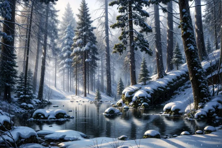 high quality,professional painting  of a   mystical forest lagoon in a snowy winter imagination in the afternoon, overcast weather, natural lighting, 8k resolution, detailed, focused, unsplash contest winner, (style of P.A. Works:0.3) ,style of Tyler Edlin