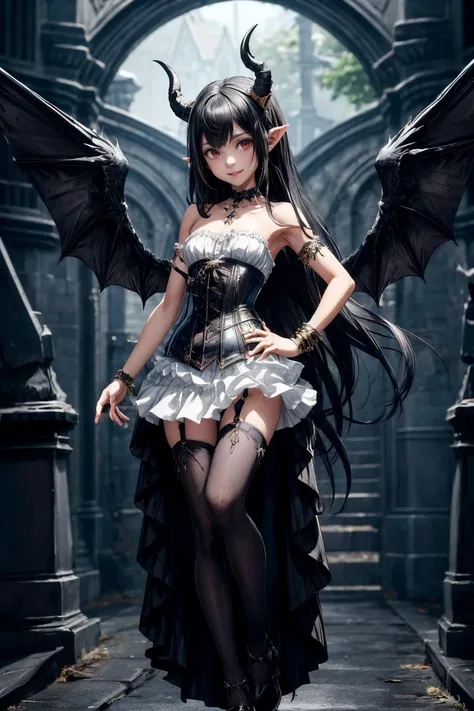 1girl, solo, horns, wings, black long hair, tail, pointy ears, dress, pantyhose, demon girl, detalied background, hand on hip, looking at viewer, full body, corset, jewelry, standing, demon wings, bare shoulders, bracelet, white dress, shoes, smile, nature in background, demon tail,