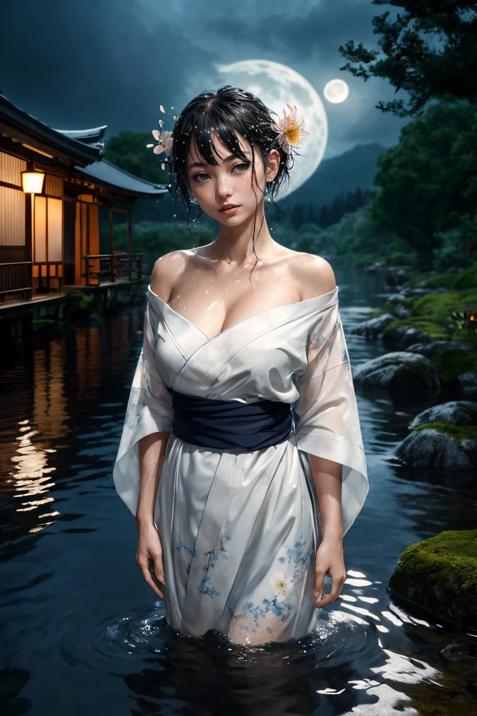 1girl, breasts, moon, lantern, night, solo, large breasts, hair ornament, wet, kimono, japanese clothes, wading, water, hair flower, flower, outdoors, sky, full moon, rain, black hair, off shoulder, mountain, cloud, holding, sash, bare shoulders, paper lantern, standing, white kimono, night sky, sideboob, obi, wet clothes, bangs, tree, from side, reflection, short hair, cloudy sky, wet hair (((masterpiece),(extremely detailed CG unity 8k wallpaper),best quality,,solo,1girl,cinematic lighting,detailed background,beautiful detailed eyes,bright pupils, (an extremely delicate and beautiful),(Beautiful and detailed eye description)ï¼ ultra-detailed,masterpiece,)),