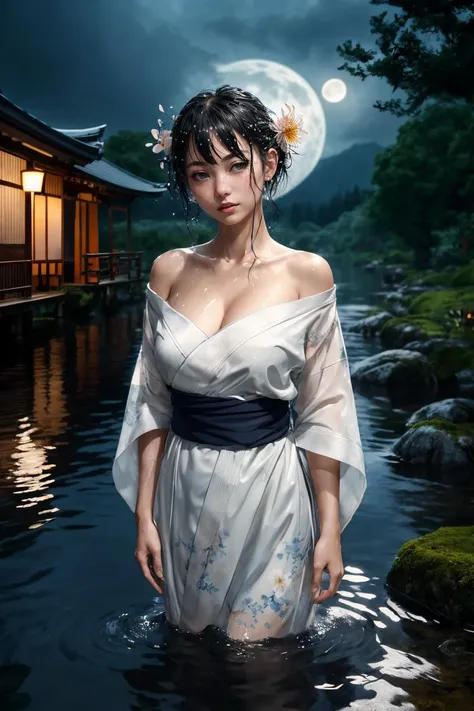 1girl, breasts, moon, lantern, night, solo, large breasts, hair ornament, wet, kimono, japanese clothes, wading, water, hair flower, flower, outdoors, sky, full moon, rain, black hair, off shoulder, mountain, cloud, holding, sash, bare shoulders, paper lantern, standing, white kimono, night sky, sideboob, obi, wet clothes, bangs, tree, from side, reflection, short hair, cloudy sky, wet hair (((masterpiece),(extremely detailed CG unity 8k wallpaper),best quality,,solo,1girl,cinematic lighting,detailed background,beautiful detailed eyes,bright pupils, (an extremely delicate and beautiful),(Beautiful and detailed eye description)ï¼ ultra-detailed,masterpiece,)),