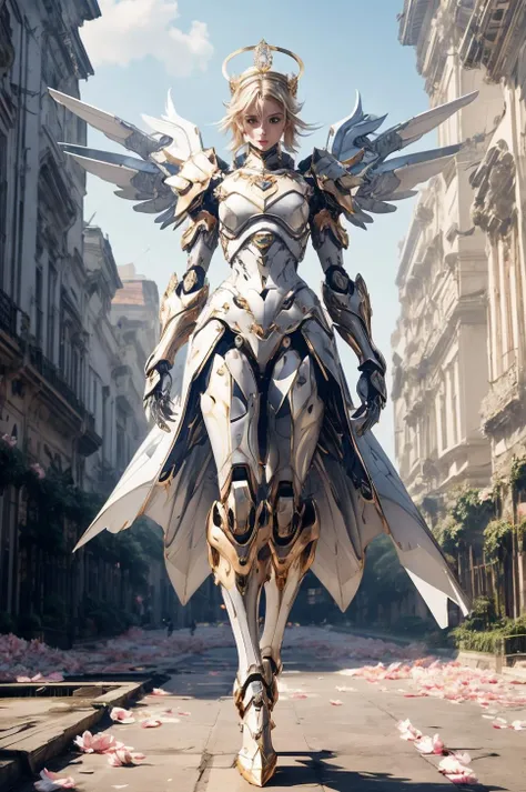 full body, divine girl, dynamic pose, slim figure, mechangel, mecha wings, halo, crown, lush blonde hair, ([matte white plastic:shiny golden:0.6] armor:1.1), luxury clothing, broken city, dancing petals, sacred signs, pastel colors, maximum details <lora:mechaangelv2-noise:0.5>
<lora:add_detail:0.55>