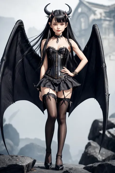 1girl, solo, horns, wings, black long hair, tail, pointy ears, dress, pantyhose, demon girl, detalied background, hand on hip, looking at viewer, full body, corset, jewelry, standing, demon wings, bare shoulders, bracelet, white dress, shoes, smile, nature in background, demon tail,