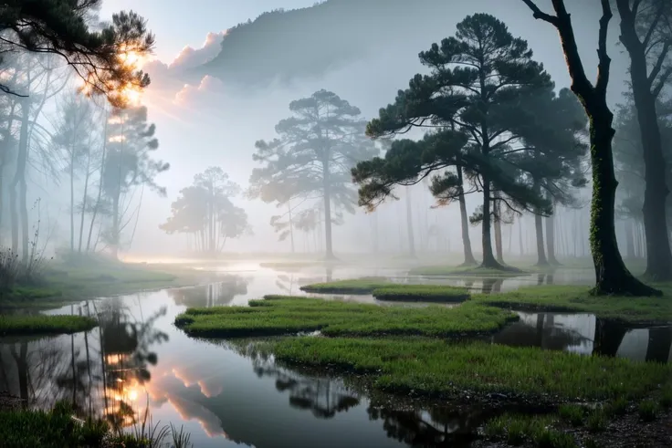 stunning view digital art of a picturesque nature of a foggy swamp in a spring [imagination] in the morning dawn, snowing  weather,
environmental lighting, 8k resolution, detailed, focus, (close shot)inverted darkness (extravaganza) by Thomas Vijayan