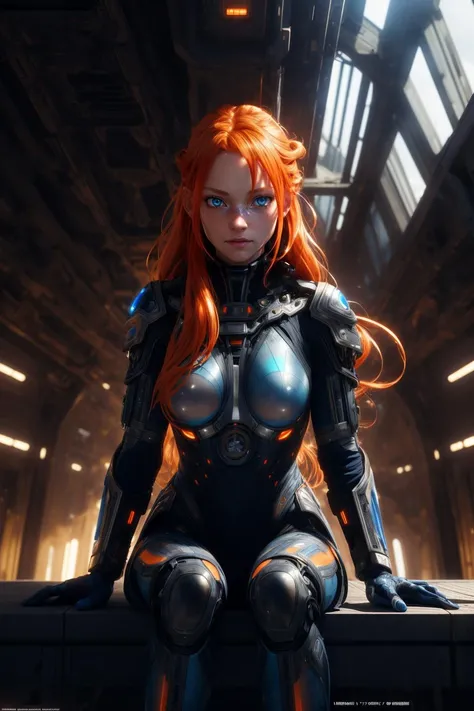 official art,unity 8k wallpaper, ultra detailed, beautiful and aesthetic, masterpiece, best quality, 1girl, orange hair, skin pores, wrinkles, eyelashes, long hair, blue eyes, extremely detailed, highest detailed, hologram, scifi, Tsundere,  sitting, (intricate details:0.9), (hdr, hyperdetailed:1.2),