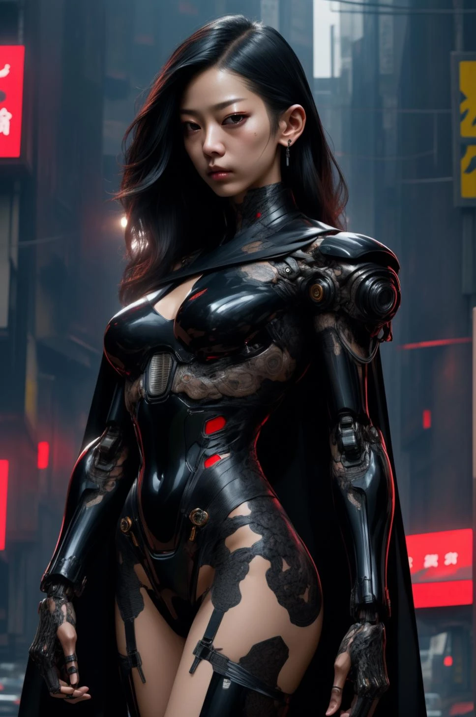 female, cyberpunk scene, woman criminal, dangerous (yakuza:1.2) android prostitute wearing glossy black mecha bodysuit, detailed silk cape,sleek, hi-tech, intricate designer lingerie, <lora:nijiarmor_anime_v2:1>