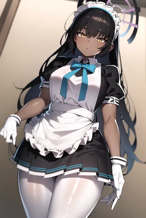 masterpiece, best quality, karin, 1girl, halo, black hair, long hair, yellow eyes, dark-skinned female, maid, maid headdress, maid apron, frills, frilled apron, white apron, puffy short sleeves, blue bowtie, blue ribbon, white gloves, white pantyhose