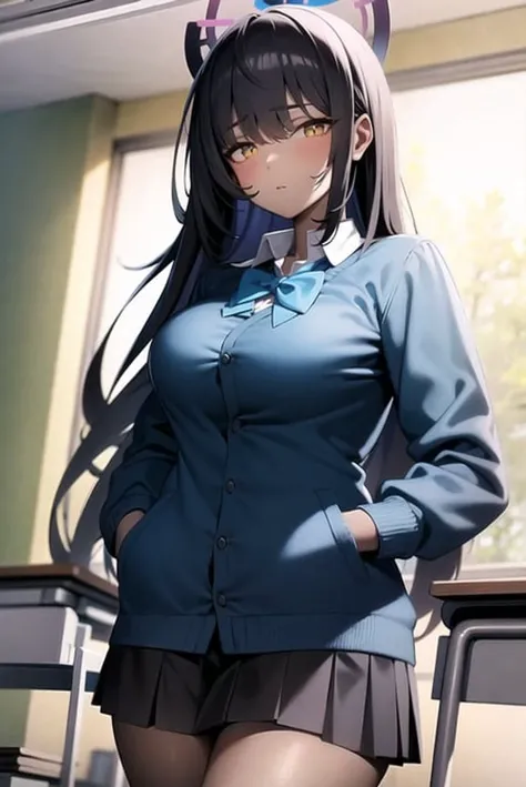 masterpiece, best quality, karin, 1girl, halo, black hair, long hair, yellow eyes, dark-skinned female, black skirt, school uniform, blue bowtie, blue cardigan, hands in pockets, collared shirt, long sleeves, large breasts, classroom, indoors, blush