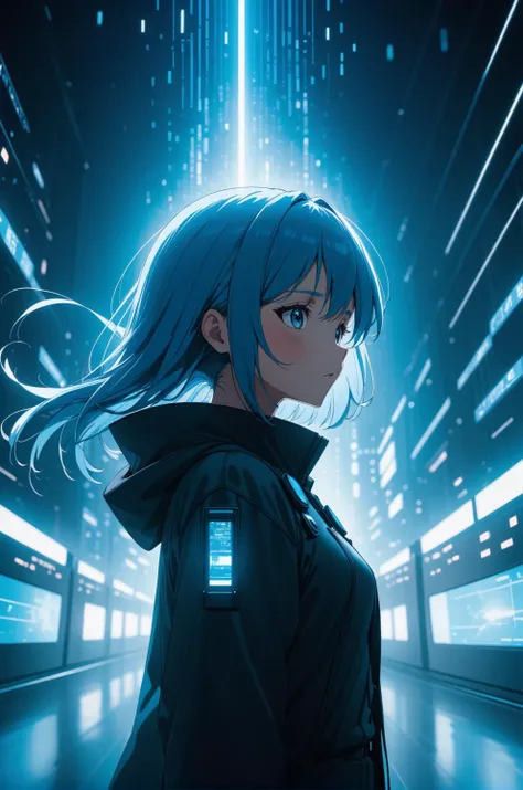 anime opening, (1girl), solo, Quantum Realities aesthetic in Sky blue theme atmosphere, (wallpaper style), matrix, movie trailer, "Omni", cinematic, screencap, still shot, bokeh, depth of field, perception, smug
