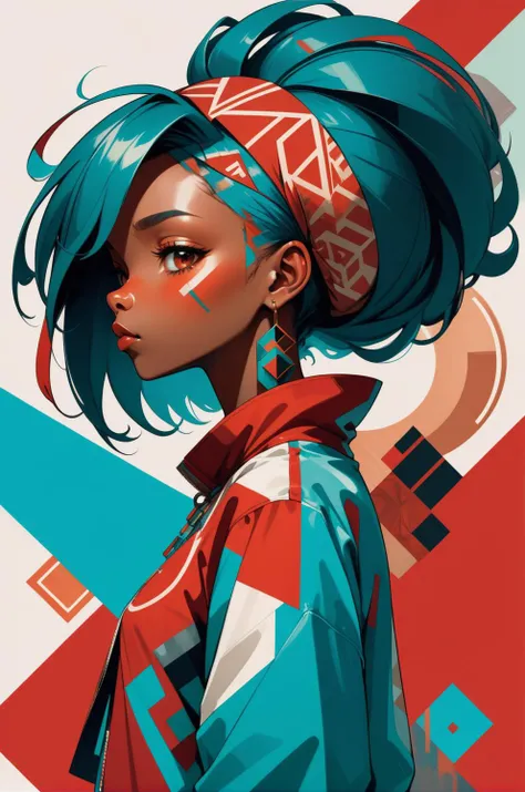 (masterpiece:1.1), (highest quality:1.1), (HDR:1.0), abstract 1998 african hairstyle hiphop girl by sachin teng x supreme, attractive, stylish, designer, red, asymmetrical, geometric shapes, graffiti, street art, Cyan blue theme
