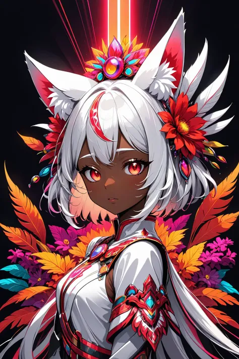 (abstract art:1.2), fractal art, psychedelic art, (style of Fedir Manailo:1.18), white theme, dark theme, 1girl, flowers, animal ear fluff, (neon color), hyper fusion, cyber, headdress, cheerful expression, dark red accent, masterpiece, best quality, ultra high res, award-winning art, highly detailed, beautiful aesthetic, ethereal, atmosphere, (fisheye lens:1.18), (dark skin, dark-skinned female), emotional, looking at viewer, jealous, (thoughtful:1.2), (heat haze), (shimmer lines:1.3), deep aesthetic, curious, (pov:1.35)