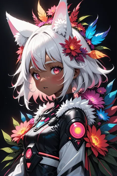 (abstract art:1.2), fractal art, psychedelic art, (style of Fedir Manailo:1.18), white theme, dark theme, 1girl, flowers, animal ear fluff, (neon color), hyper fusion, cyber, headdress, cheerful expression, dark red accent, masterpiece, best quality, ultra high res, award-winning art, highly detailed, beautiful aesthetic, ethereal, atmosphere, (fisheye lens:1.18), (dark skin, dark-skinned female), emotional, looking at viewer, jealous, (thoughtful:1.2), (heat haze), (shimmer lines:1.3), deep aesthetic, curious, (pov:1.35)