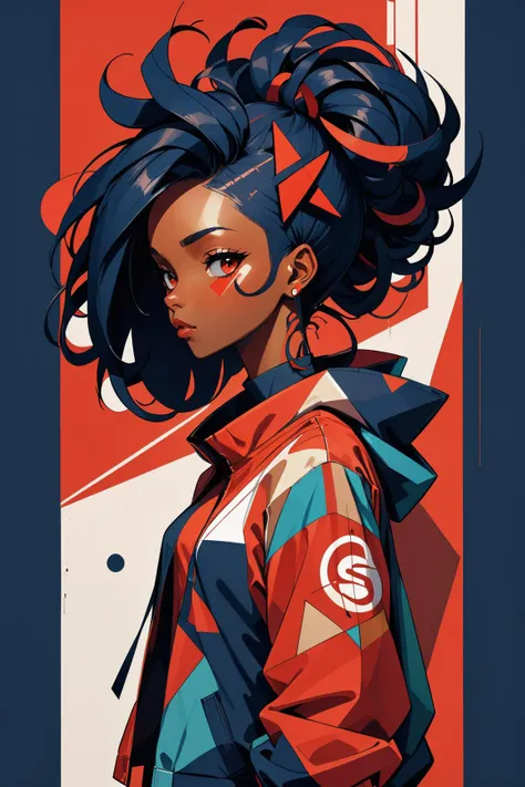 (masterpiece:1.1), (highest quality:1.1), (HDR:1.0), abstract 1998 african hairstyle hiphop girl by sachin teng x supreme, attractive, stylish, designer, red, asymmetrical, geometric shapes, graffiti, street art, dark blue theme