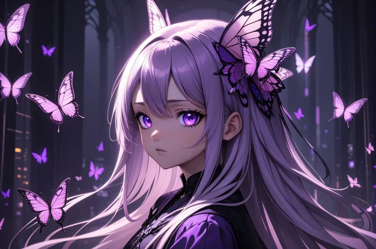 a girl with long hair and purple eyes is surrounded by butterflies and butterflies in the background, a dark room with lights, Charlie Bowater, rossdraws global illumination, cyberpunk art, gothic art, 1girl, [pink|purple] butterfly, blurry_background, blurry_foreground, bokeh, butterfly_hair_ornament, depth_of_field, film_grain, glowing_butterfly, hair_ornament, kashiwazaki_sena, kochou_shinobu, letterboxed, long_hair, looking_at_viewer, purple_eyes, solo, upper_body
