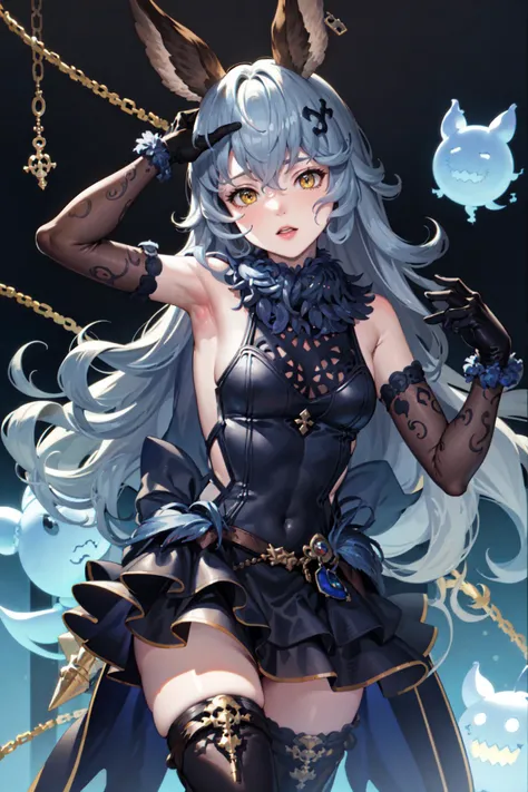 Masterpiece, absurdres, best quality, grand_ferry, yellow eyes, dark blue dress, thighhighs, black gloves, elbow gloves, castle, <lora:ferry:1>