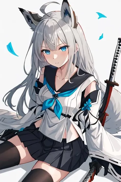 best quality, masterpiece, highres, solo, {kawakaze_azurlane:1.15}, animal_ears, fox_ears, long_hair, bangs, blue_eyes, grey_hair, hair_between_eyes, white_hair, fox_girl, breasts, 1girl, black_skirt, black_thighhighs, detached_sleeves, looking_at_viewer, sidelocks, simple_background, skirt, thighhighs, wide_sleeves, long_sleeves, pleated_skirt, ribbon-trimmed_sleeves, ribbon_trim, sailor_collar, sitting, white_background, ahoge, black_sailor_collar, collarbone, neckerchief, zettai_ryouiki