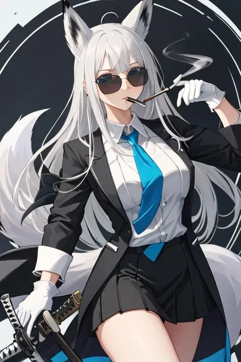 best quality, masterpiece, highres, solo, {black business suit:1.40}, {tie:1.20}, {sunglasses:1.25}, {white gloves:1.15}, {white shirt:1.10}, {black skirt:1.15}, {smoking:1.20}, handsome, {kawakaze_azurlane:1.15}, animal_ears, fox_ears, long_hair, bangs, blue_eyes, grey_hair, hair_between_eyes, white_hair, fox_girl, breasts