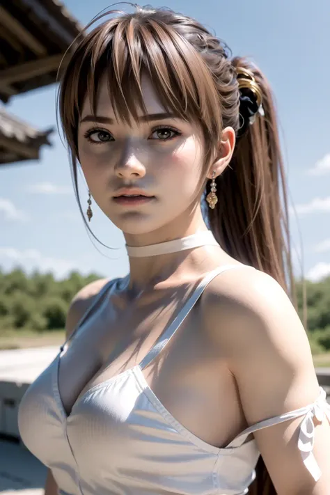 8k, best quality, real picture, intricate details, ultra-detailed, ultra highres, depth field,(photorealistic,realistic:1.2),masterpiece,photo of  kasumi \(doa\), wearing white japanese clothes, bare shoulders, breasts, brown eyes, brown hair, lips, long hair, ponytail, solo, sun, blue sky,
best quality, realistic, photorealistic, (intricate details:1.2), (delicate detailed), (cinematic light), clear line, sharp focus, realistic face, detailed face
unity 8k wallpaper, ultra high res, (photorealistic:1.4), looking at viewer <lora:Kasumi:1>