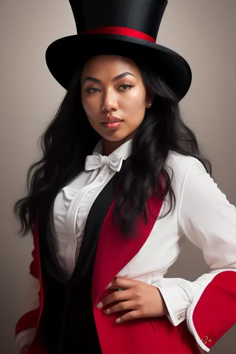 DEN_lailathebrat_OF,
(performing in a (circus:1.2) wearing a red and black (blazer:1.1) and white (shirt:1.1) and cream (trousers:1.1) and black bow tie and (top hat:1.1), ring leader, circus:1.2),
bokeh, f1.4, 40mm, photorealistic, raw, 8k, textured skin, skin pores, intricate details <lora:epi_noiseoffset2:1>, epiCRealism <lora:ClothingAdjuster3:-1.3>