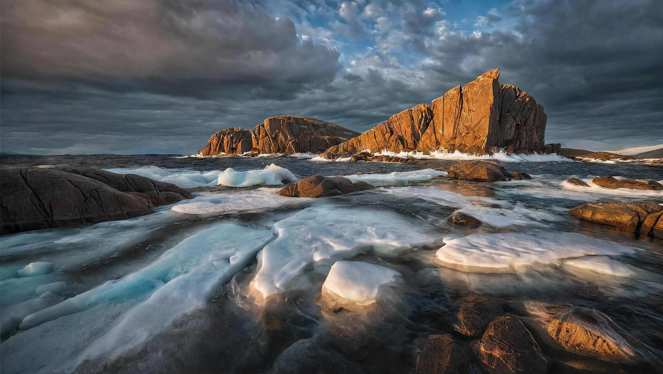 CINEMATIC SHOT, professional photo by Caravaggio of wild nature, Kola, peninsula, rock formations, cliffs, waves, sunshine, dramatic clouds, rule of thirds, view from surface, mountains, (by Christopher Nolan:1.4),F11,(DOF, Cinematic Color grading, intricate, hyper realistic, detailed, flickr, cinematic lighting) <lora:Wild_nature_XL:1>