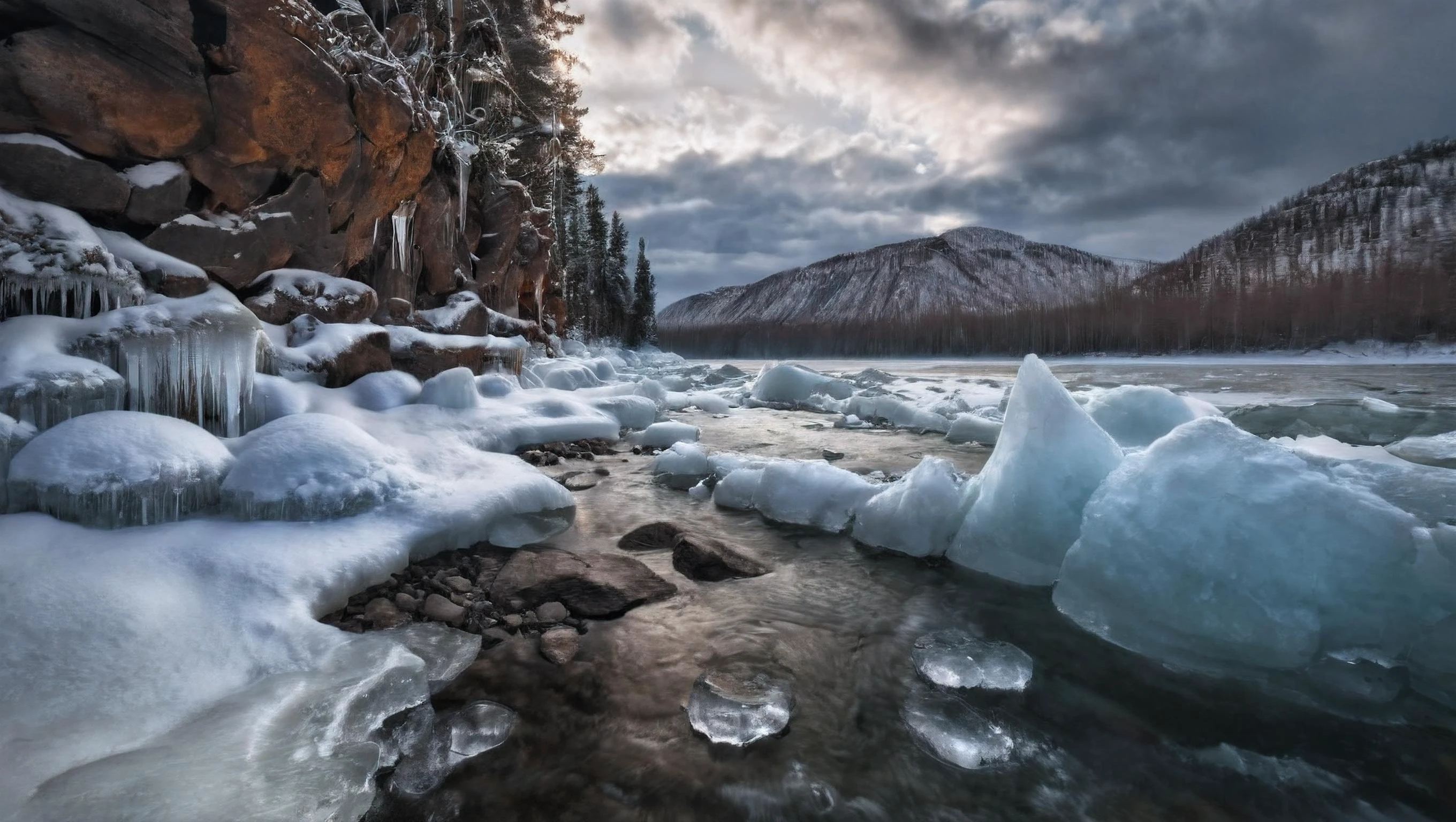 CINEMATIC SHOT, professional photo by Caravaggio of wild nature, Russia, winter, snow, woods, cliffs, icicles, dramatic clouds, rule of thirds, view from surface, (by Christopher Nolan:1.4),F11,(DOF, Cinematic Color grading, intricate, hyper realistic, detailed, flickr, cinematic lighting) <lora:Wild_nature_XL:1>