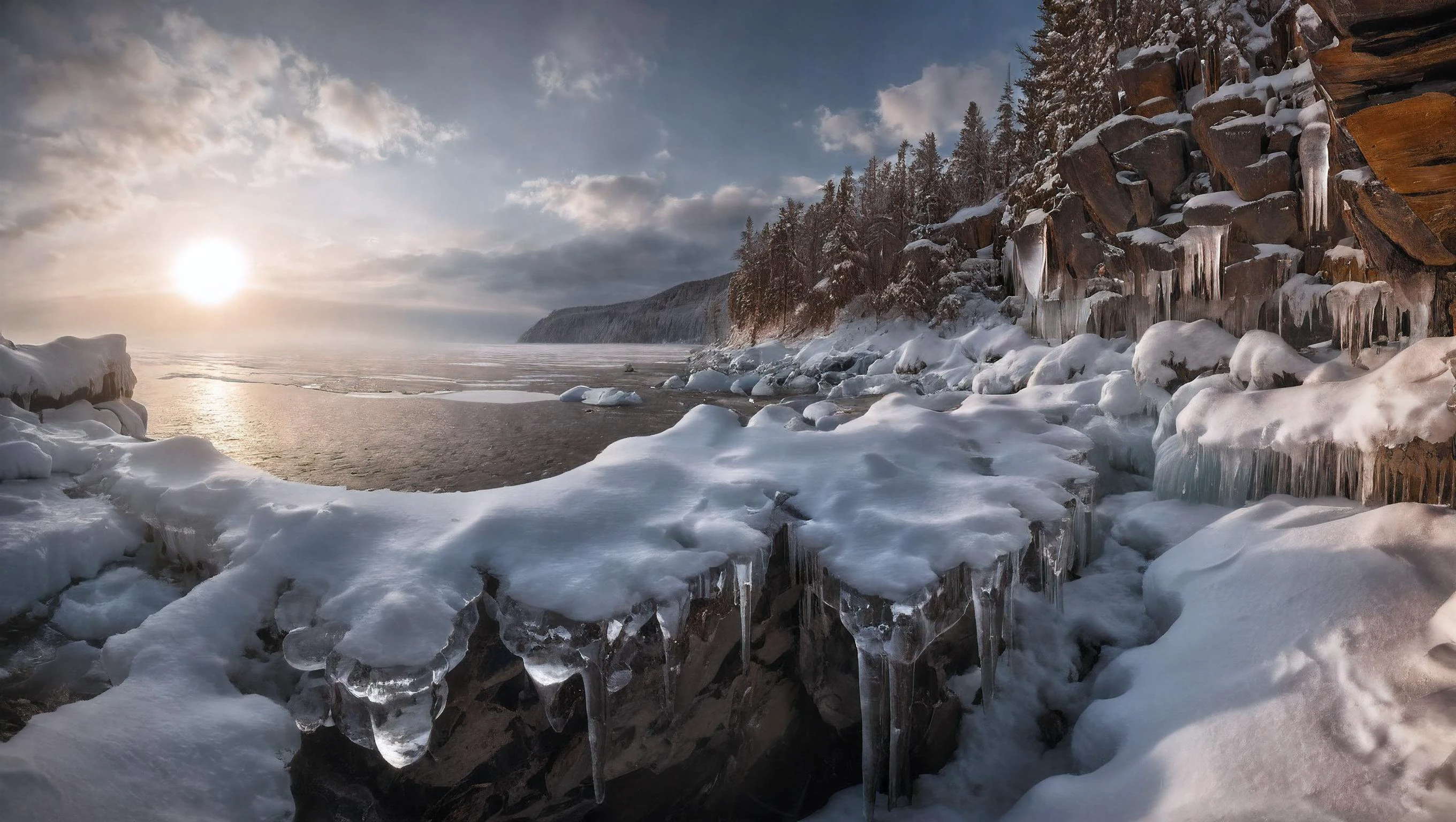 CINEMATIC SHOT, professional photo by Caravaggio of wild nature, Russia, winter, snow, woods, valley, cliffs, sun kissed, icicles, dramatic clouds, rule of thirds, view from surface, (by Christopher Nolan:1.4),F11,(DOF, Cinematic Color grading, intricate, hyper realistic, detailed, flickr, cinematic lighting) <lora:Wild_nature_XL:1>