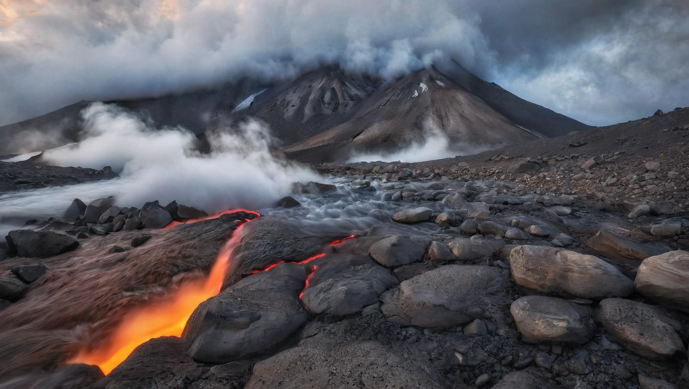 CINEMATIC SHOT, professional photo by Caravaggio of wild nature, kamchatka, rock formations, cliffs, volcano hills, lava, fog, steam, dramatic clouds, rule of thirds, view from surface, mountains, (by Christopher Nolan:1.4),F11,(DOF, Cinematic Color grading, intricate, hyper realistic, detailed, flickr, cinematic lighting) <lora:Wild_nature_XL:1>