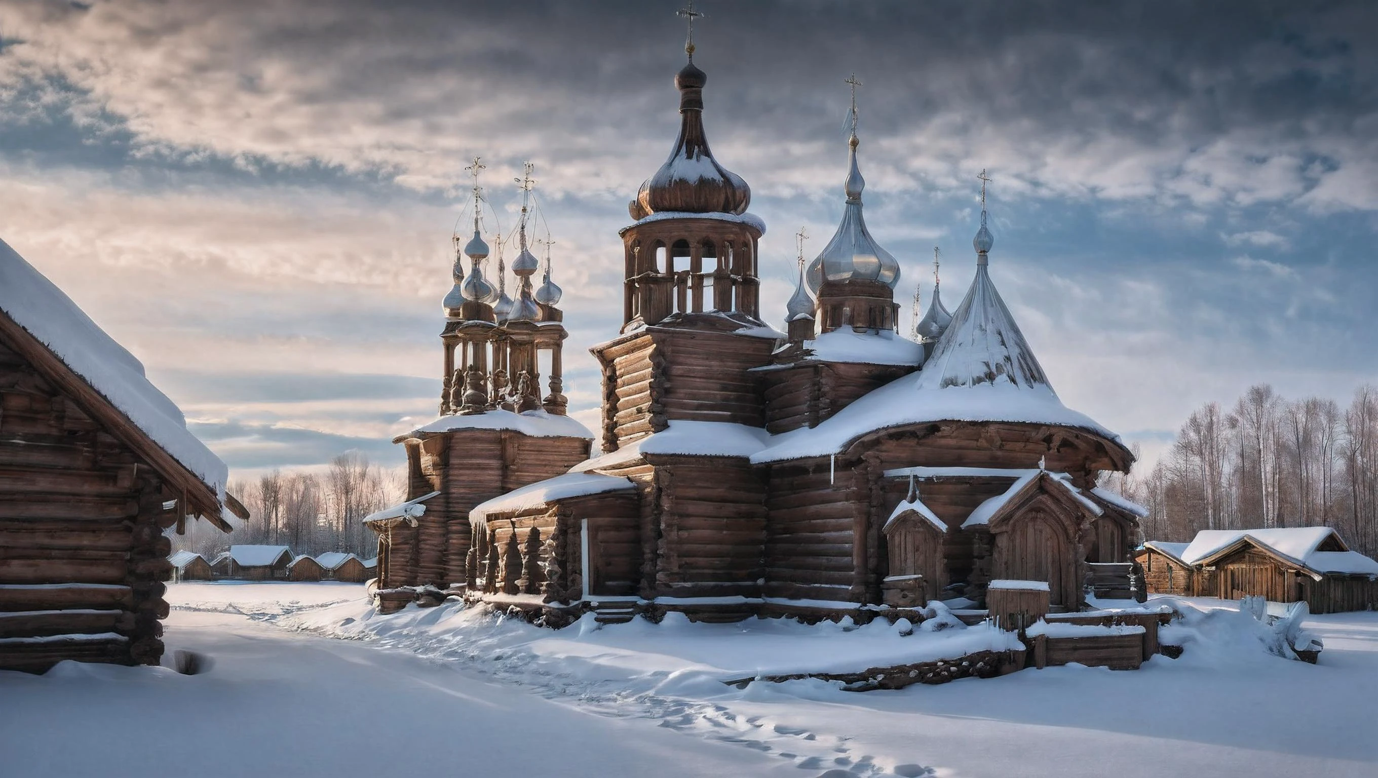 CINEMATIC SHOT, professional photo by Caravaggio of wild nature, Russia, winter, snow, wooden church, wooden village, icicles, dramatic clouds, rule of thirds, view from surface, (by Christopher Nolan:1.4),F11,(DOF, Cinematic Color grading, intricate, hyper realistic, detailed, flickr, cinematic lighting) <lora:Wild_nature_XL:1>
