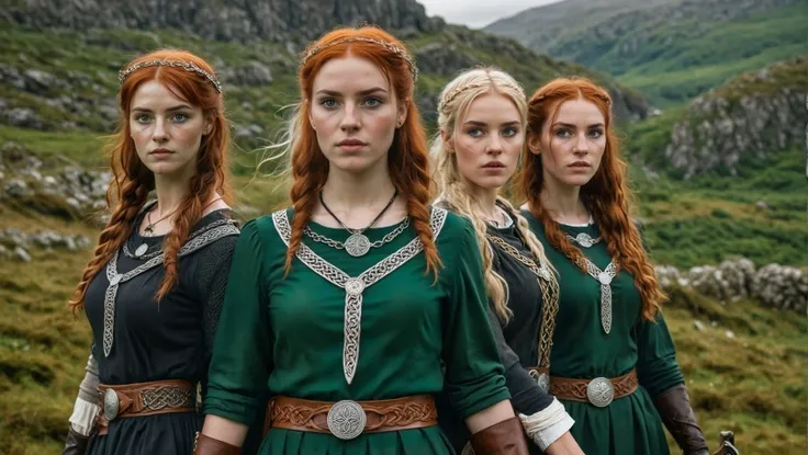 waifu style, A trio of modern Celtic-inspired heroines, each with unique strengths and personalities, ready to embark on a mythical quest. Photographed with a 35mm f/2.0 lens, the image combines contemporary storytelling with Celtic themes, offering a fresh take on the concept of waifus, 8K, UHD, DSLR, insane details, award-winning photo, <lora:Wild_nature_XL:0.5>, <lora:WildcardX-XL-Detail-Enhancer:0.8>