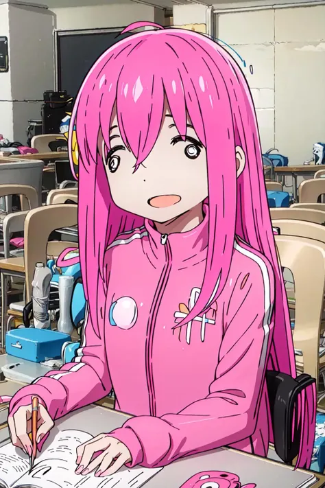 masterpiece, best quality, highres, solo, skirt, pink jacket, track jacket, bangs, hair between eyes, long sleeves, 1girl, upper body, ((6o9)) <lora:6o9:1.2> classroom, happy, desk, sitting
