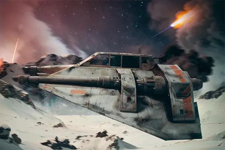 analog gloomy aerial photo of a Star Wars (Snowspeeder, <lora:st4rw4r55n0wsp33d3r:1>), ((nighttime)), (flying low through a city on fire), (explosions in the background), (lasers),  High Detail, Sharp focus, (photorealism), realistic, best quality, 8k, award winning, dramatic lighting, epic, cinematic, masterpiece, rim light, (action movie), war,  depth of field, dutch angle, motion blur,