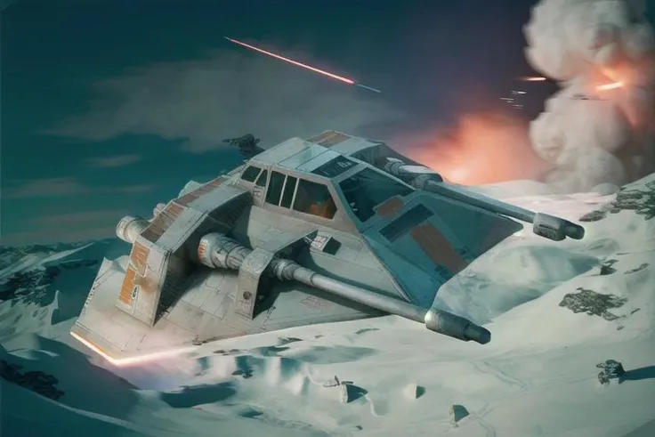analog gloomy aerial photo of a Star Wars (Snowspeeder, <lora:st4rw4r55n0wsp33d3r:1>), ((nighttime)), (flying low through a city on fire), (explosions in the background), (lasers),  High Detail, Sharp focus, (photorealism), realistic, best quality, 8k, award winning, dramatic lighting, epic, cinematic, masterpiece, rim light, (action movie), war,  depth of field, dutch angle, motion blur,