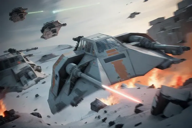 analog gloomy aerial photo of a Star Wars (Snowspeeder, <lora:st4rw4r55n0wsp33d3r:1>), ((nighttime)), (flying low through a city on fire), (explosions in the background), (lasers),  High Detail, Sharp focus, (photorealism), realistic, best quality, 8k, award winning, dramatic lighting, epic, cinematic, masterpiece, rim light, (action movie), war,  depth of field, dutch angle, motion blur,