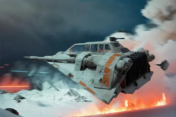 analog gloomy aerial photo of a Star Wars (Snowspeeder, <lora:st4rw4r55n0wsp33d3r:1>), ((nighttime)), (flying low through a city on fire), (explosions in the background), (lasers), High Detail, Sharp focus, (photorealism), realistic, best quality, 8k, award winning, dramatic lighting, epic, cinematic, masterpiece, rim light, (action movie), war, depth of field, dutch angle, motion blur,