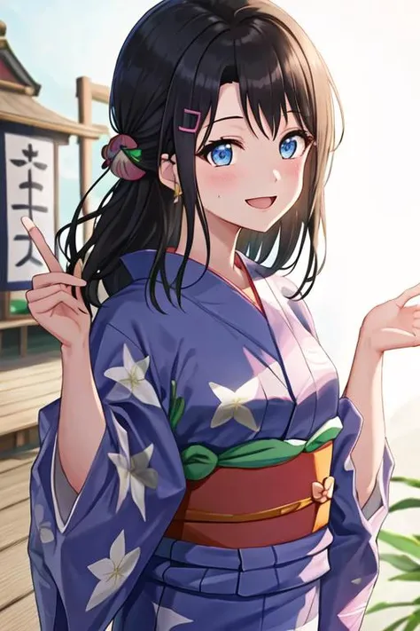 best quality, masterpiece, highres, solo, {yukata:1.40}, {kimono:1.20}, {okusawa_misaki_bangdream:1.15}, bangs, black_hair, hair_ornament, blue_eyes, hairclip, blush, smile, medium_hair, open_mouth, long_hair