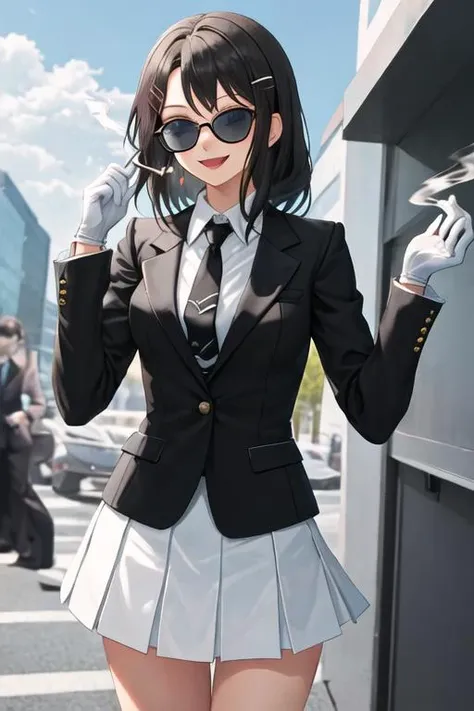 best quality, masterpiece, highres, solo, {black business suit:1.40}, {tie:1.20}, {sunglasses:1.25}, {white gloves:1.15}, {white shirt:1.10}, {black skirt:1.15}, {smoking:1.20}, handsome, {okusawa_misaki_bangdream:1.15}, bangs, black_hair, hair_ornament, blue_eyes, hairclip, blush, smile, medium_hair, open_mouth, long_hair